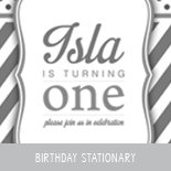 ISLA first birthday invitation and stationary design